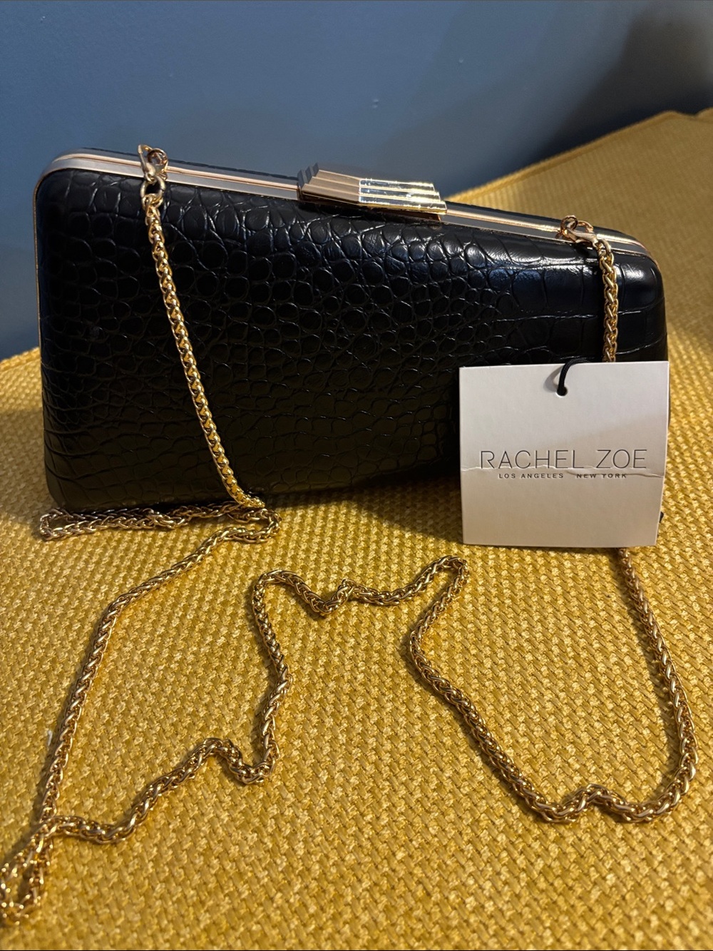 Rachel Zoe Black Croc-Embossed Clutch with Gold Chain Strap